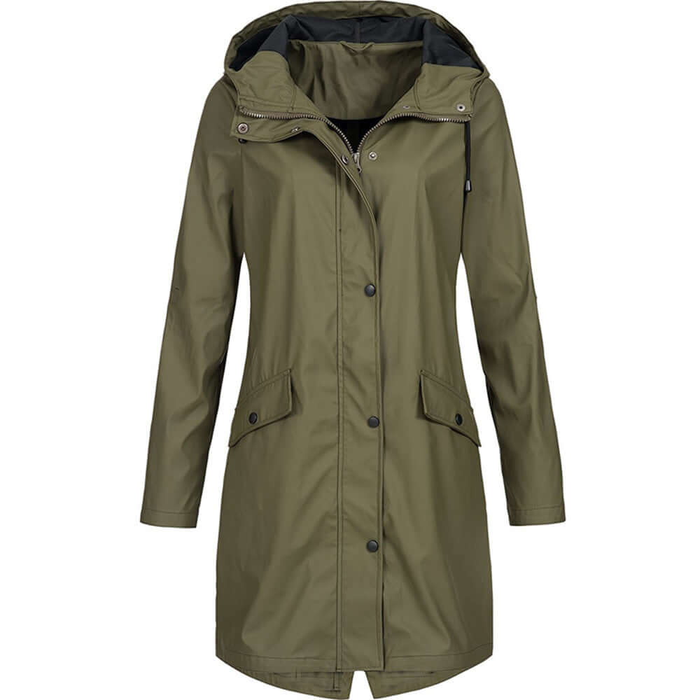 Parka Femme Imperméable avec Capuche | Coupe Longue et Zip in Vert foncé#couleur_vert-fonc