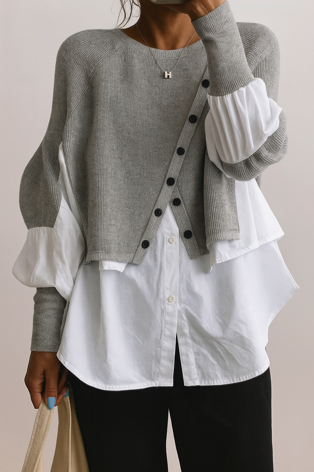 Pull Hiver Femme Deux en Un | Bas de Chemise Rapporté et Col Rond – Gris#couleur_gris