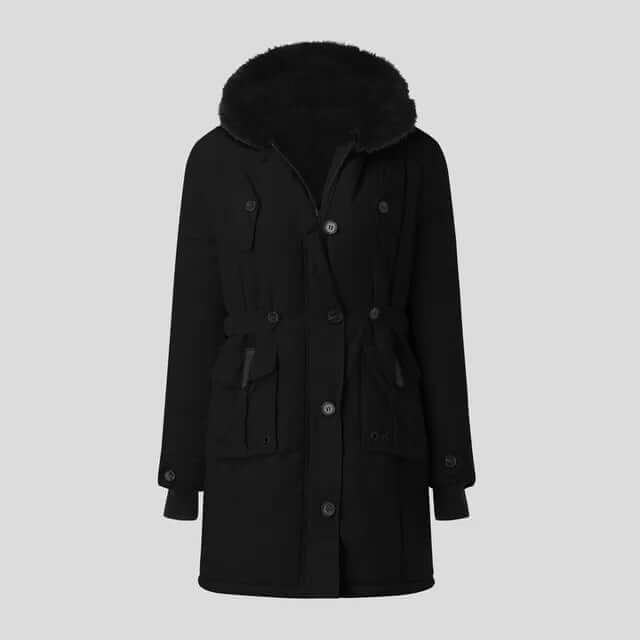 Parka Femme Capuche Fourrure | Coupe Chaude Hiver Élégante in Noir#couleur_noir