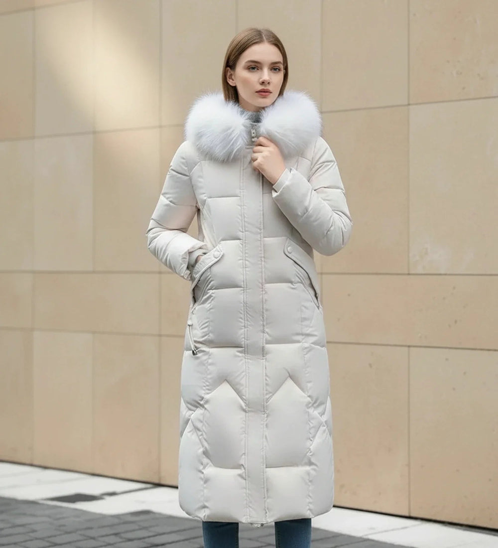 Doudoune Maxi à Bordure Fourrure | Capuche Doublée Chaleureuse – Écru #couleur_cru