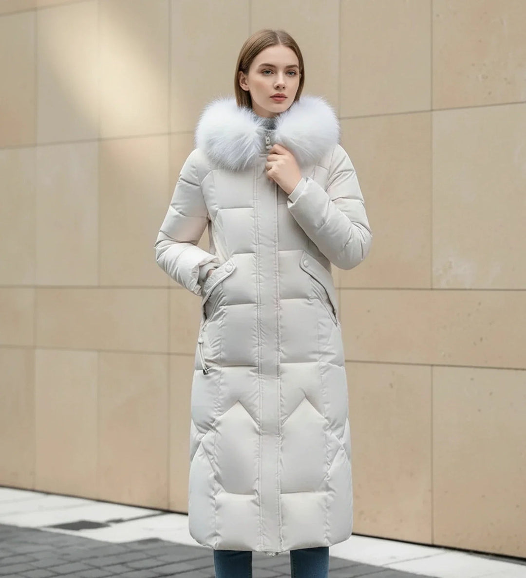 Doudoune Maxi à Bordure Fourrure | Capuche Doublée Chaleureuse – Écru #couleur_cru