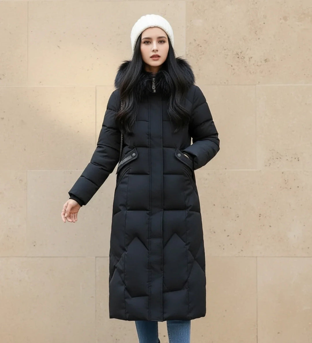 Doudoune Maxi à Bordure Fourrure | Capuche Doublée Chaleureuse – Noir #couleur_noir