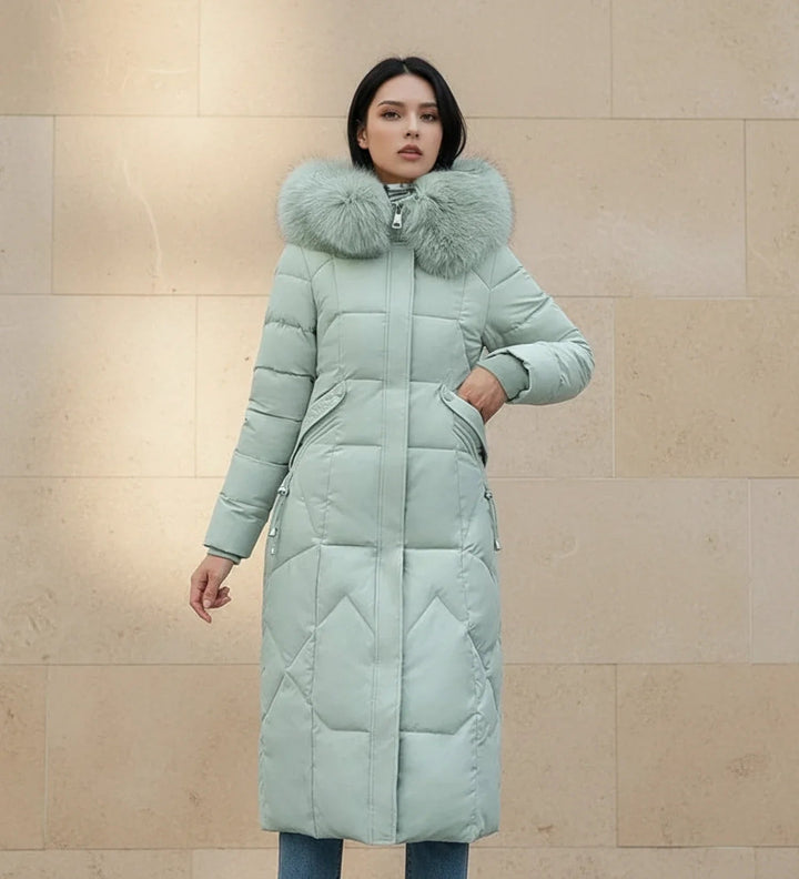 Doudoune Maxi à Bordure Fourrure | Capuche Doublée Chaleureuse – Vert sauge #couleur_vert-sauge