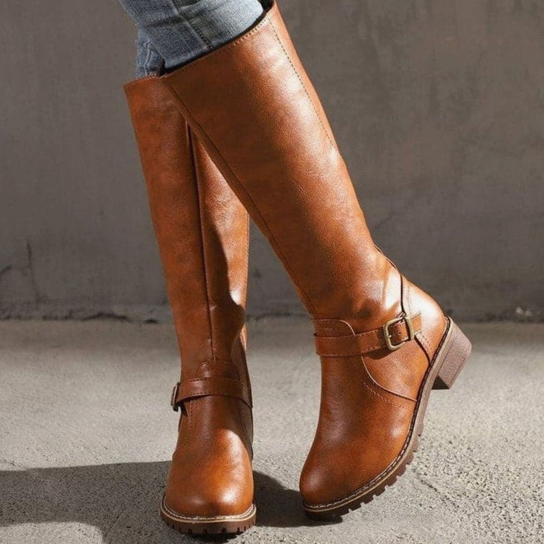 Botte Haute Femme en Cuir | Boucles à la Cheville et Zip Latéral in Marron#couleur_marron