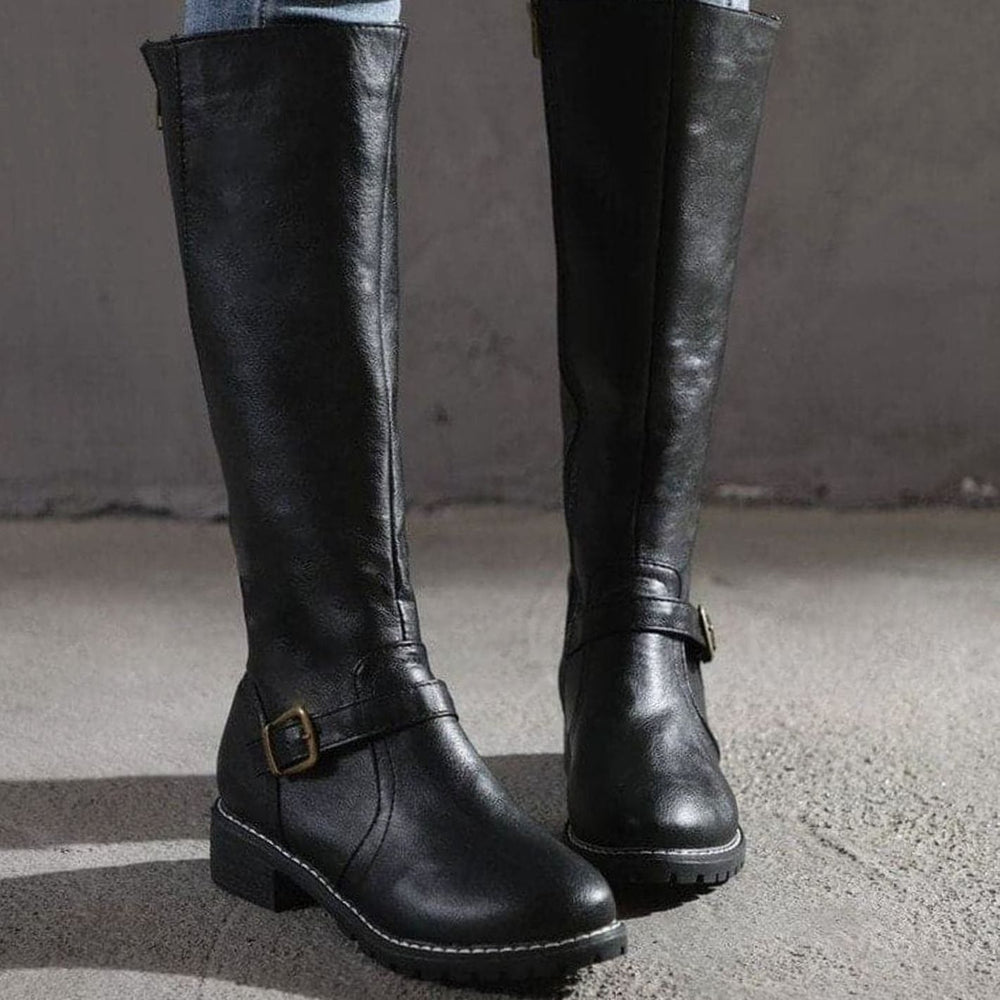 Botte Haute Femme en Cuir | Boucles à la Cheville et Zip Latéral in Noir#couleur_noir
