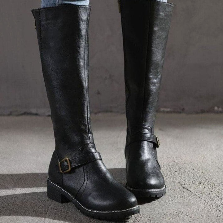 Botte Haute Femme en Cuir | Boucles à la Cheville et Zip Latéral in Noir#couleur_noir