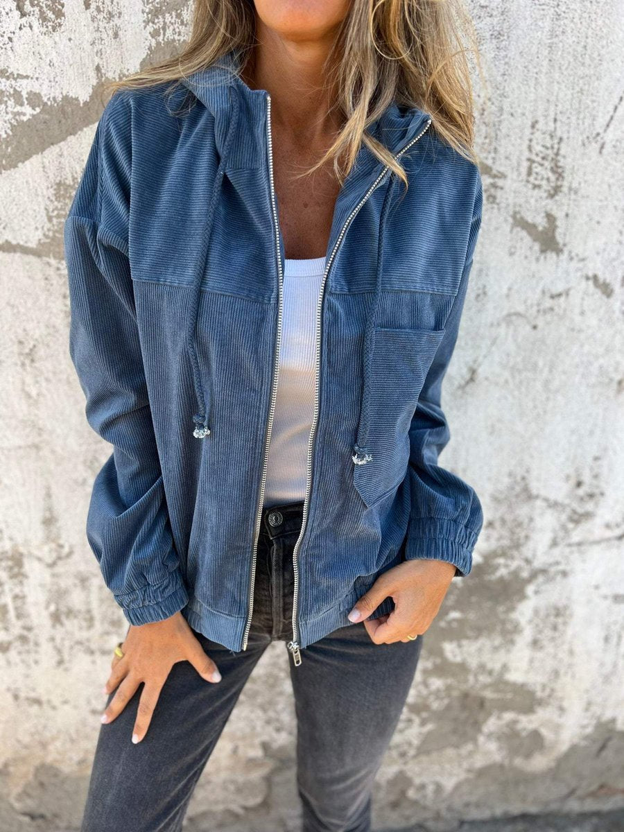 Doudoune Matelassée Velours Côtelé | Capuche Zippée Oversize Chic in Bleu#couleur_bleu