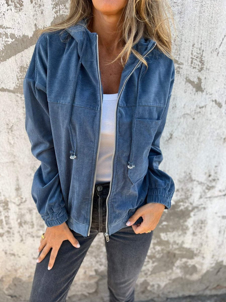 Doudoune Matelassée Velours Côtelé | Capuche Zippée Oversize Chic in Bleu#couleur_bleu