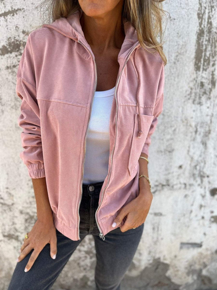 Doudoune Matelassée Velours Côtelé | Capuche Zippée Oversize Chic in Rose#couleur_rose