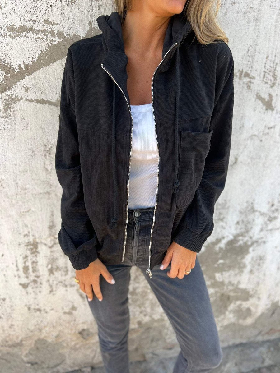 Doudoune Matelassée Velours Côtelé | Capuche Zippée Oversize Chic in Noir#couleur_noir