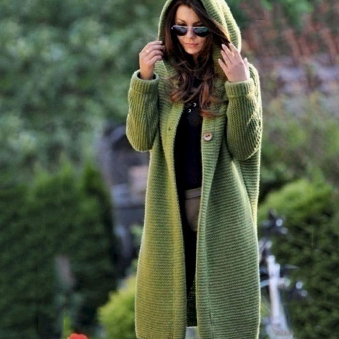 Gilet Femme Long à Capuche | Maille Côtelée et Devant Ouvert in Vert#couleur_vert