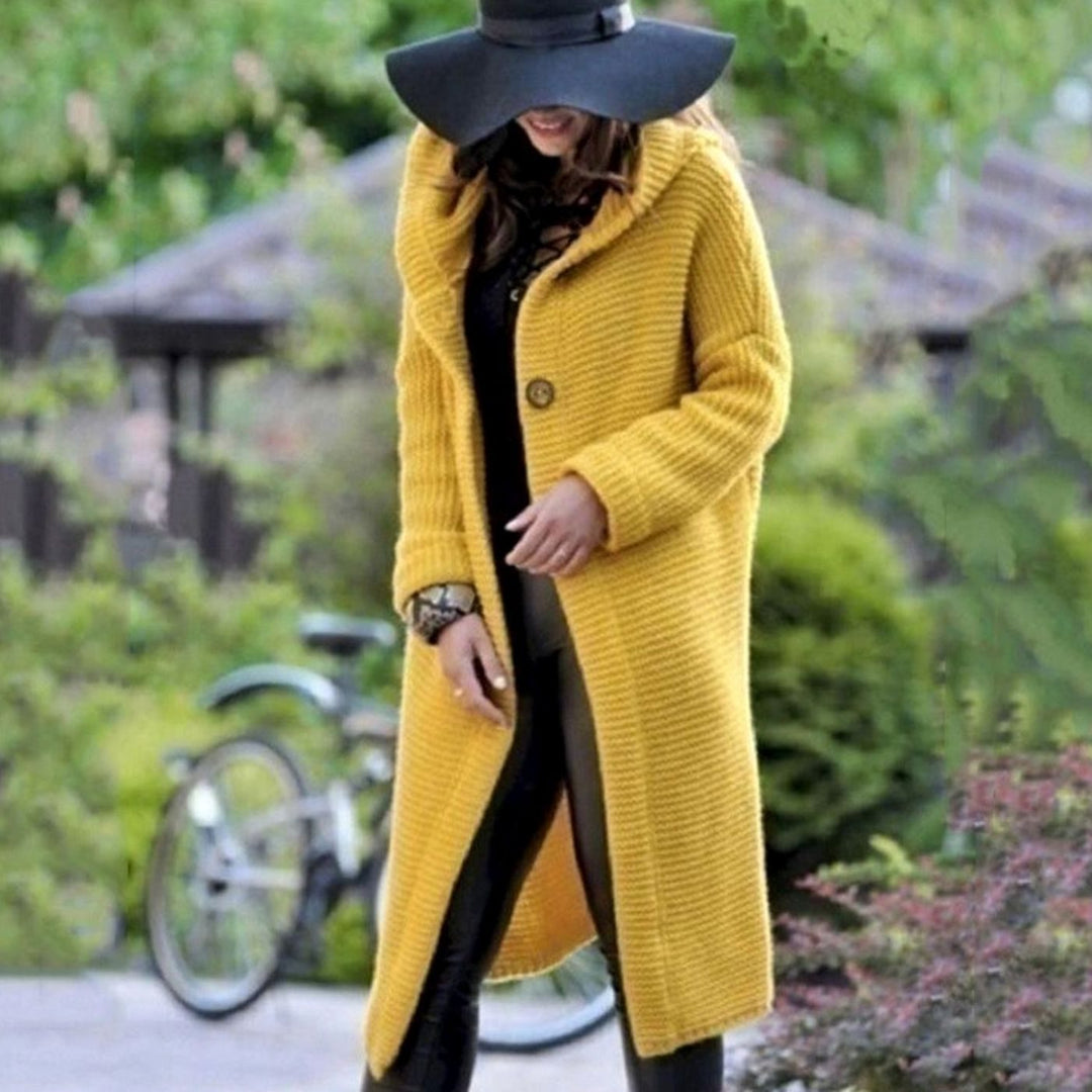 Gilet Femme Long à Capuche | Maille Côtelée et Devant Ouvert in Jaune#couleur_jaune