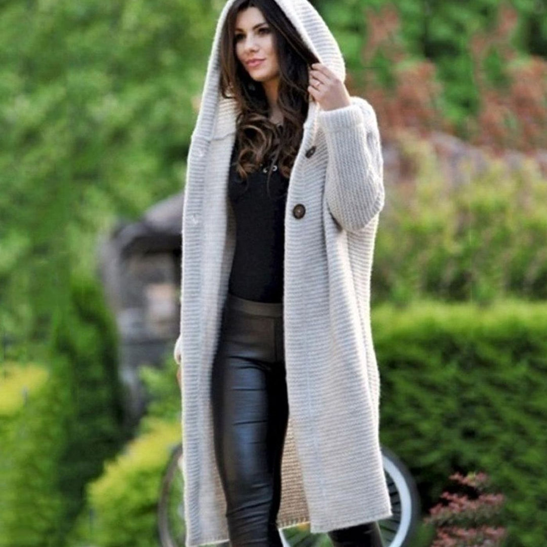 Gilet Femme Long à Capuche | Maille Côtelée et Devant Ouvert in Beige#couleur_beige