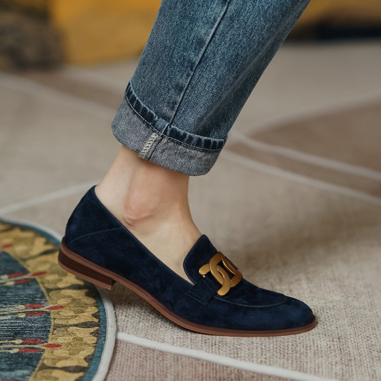 Mocassin à Talon Femme | Chaîne Dorée et Finition Daim in Marine#couleur_marine