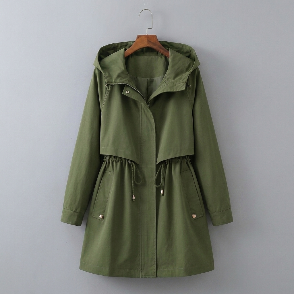 Imperméable Femme Long à Cordon | Capuche et Taille Réglable in Vert#couleur_vert