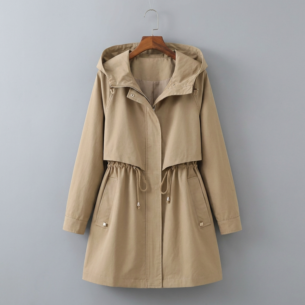 Imperméable Femme Long à Cordon | Capuche et Taille Réglable in Beige#couleur_beige