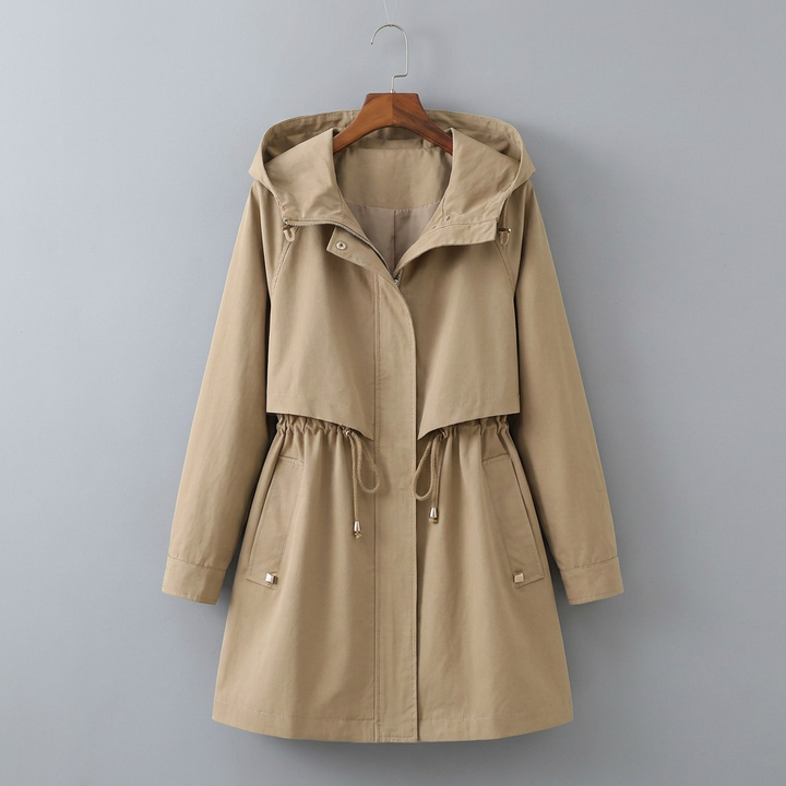 Imperméable Femme Long à Cordon | Capuche et Taille Réglable in Beige#couleur_beige