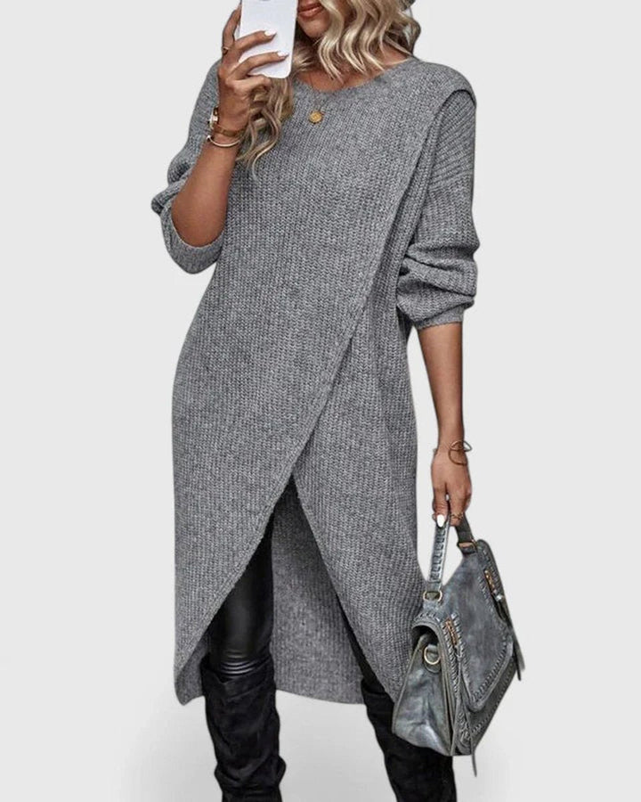 Robe Pull Femme Maille Côtelée | Ourlet Asymétrique Chic in Gris#couleur_gris