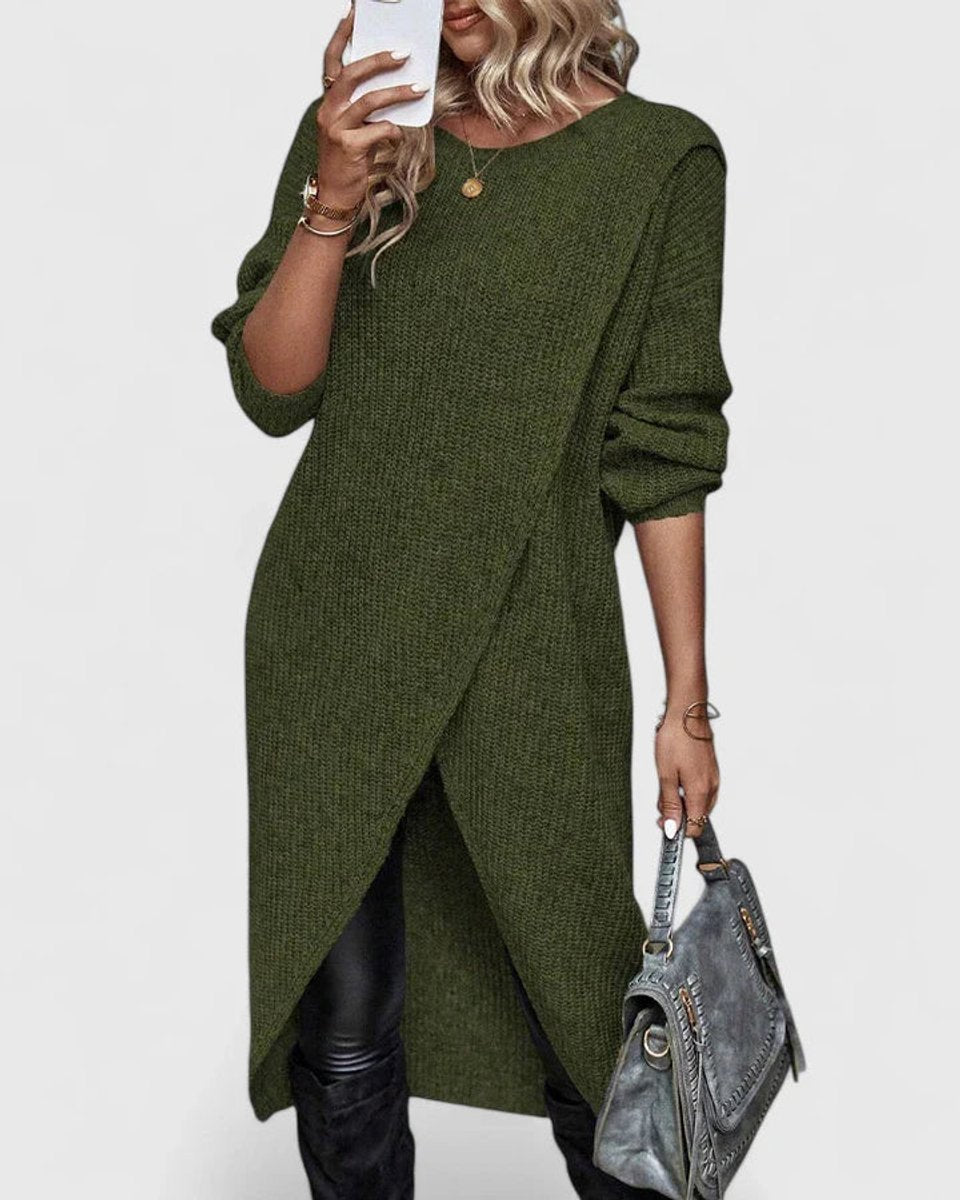 Robe Pull Femme Maille Côtelée | Ourlet Asymétrique Chic in Vert#couleur_vert