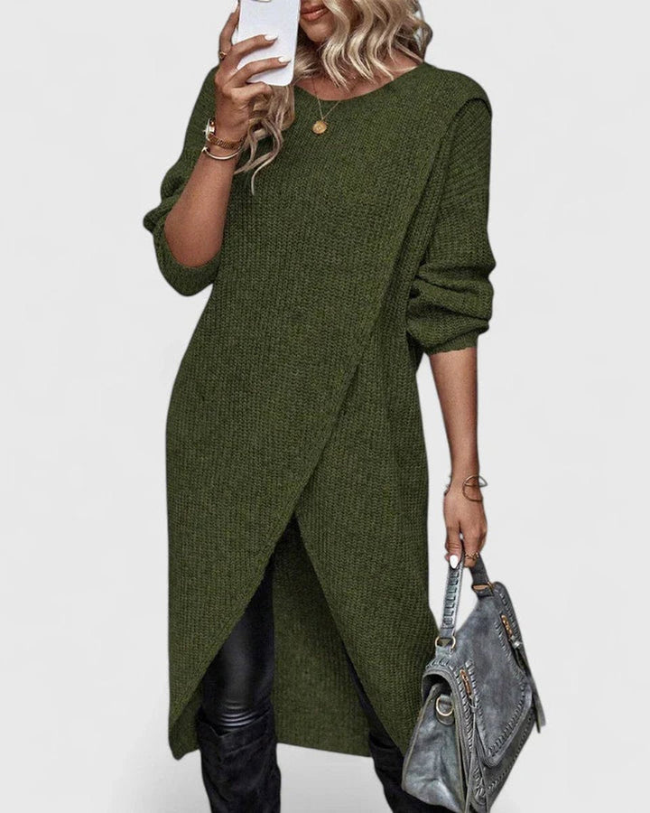 Robe Pull Femme Maille Côtelée | Ourlet Asymétrique Chic in Vert#couleur_vert