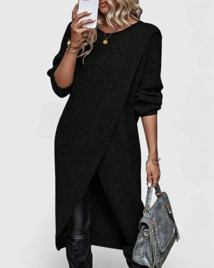 Robe Pull Femme Maille Côtelée | Ourlet Asymétrique Chic in Noir#couleur_noir