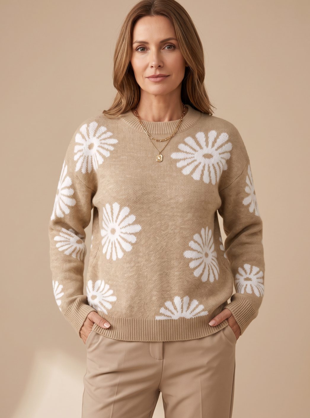 Pull Jacquard Femme Fleuri | Col Rond et Coupe Décontractée in Kaki#couleur_kaki