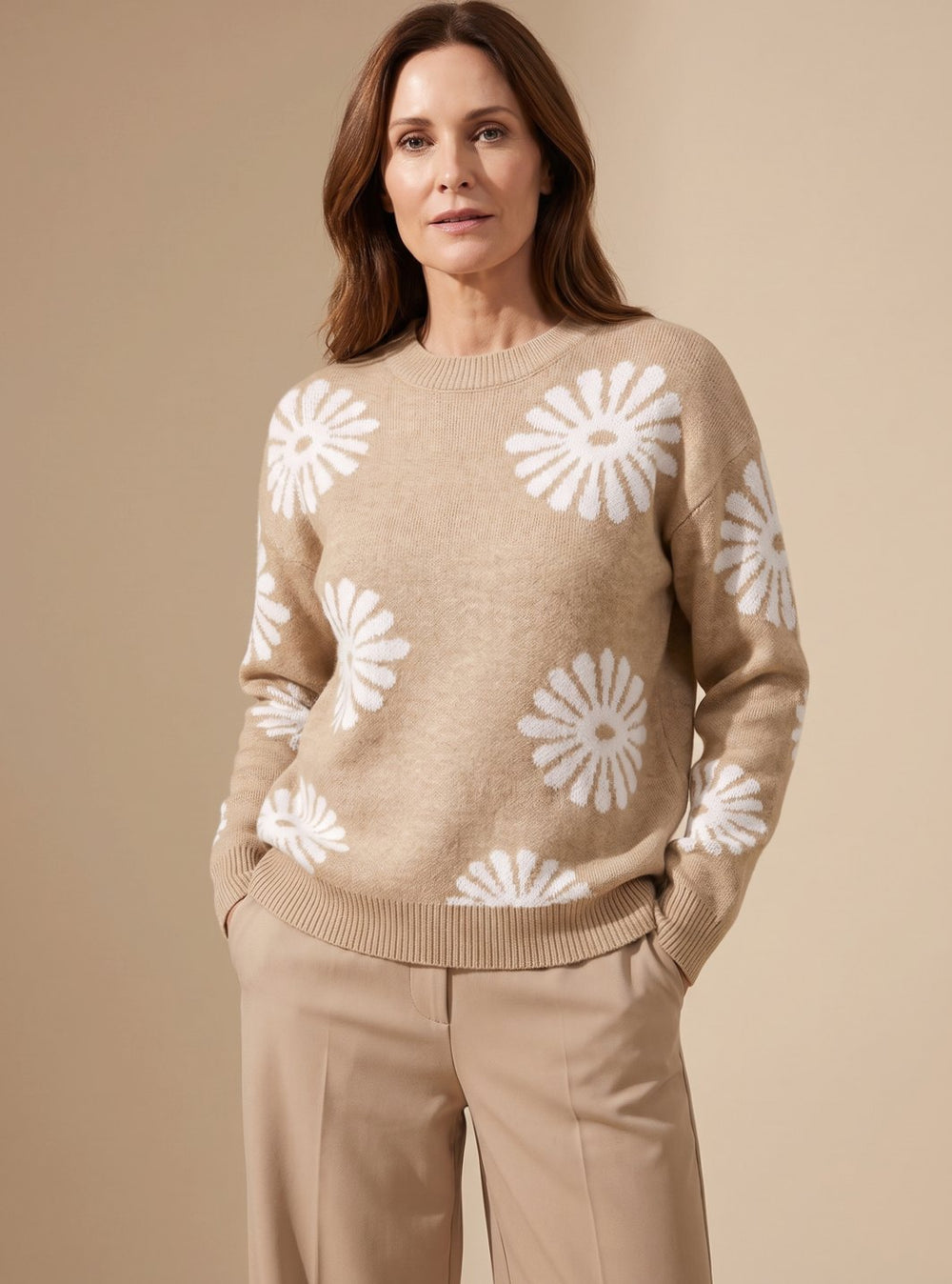 Pull Jacquard Femme Fleuri | Col Rond et Coupe Décontractée in Kaki#couleur_kaki