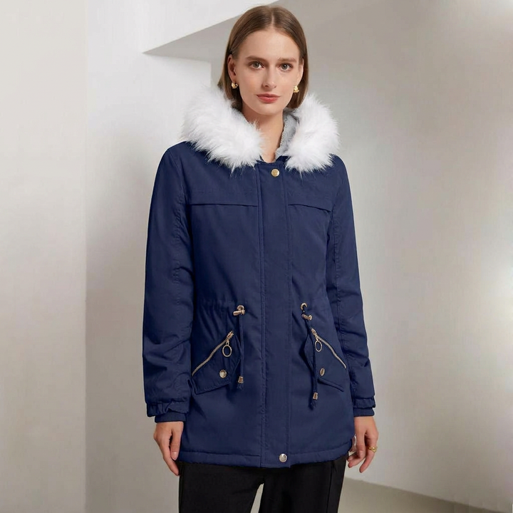 Parka Femme Neige | Capuche Bordée Cordon de Serrage Raffinée in Bleu#couleur_bleu