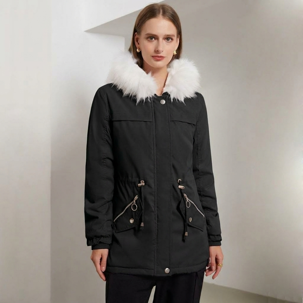 Parka Femme Neige | Capuche Bordée Cordon de Serrage Raffinée in Noir#couleur_noir