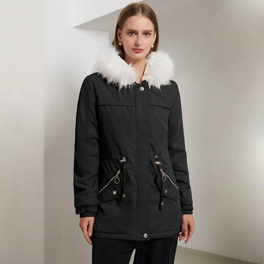 Parka Femme Neige | Capuche Bordée Cordon de Serrage Raffinée in Noir#couleur_noir