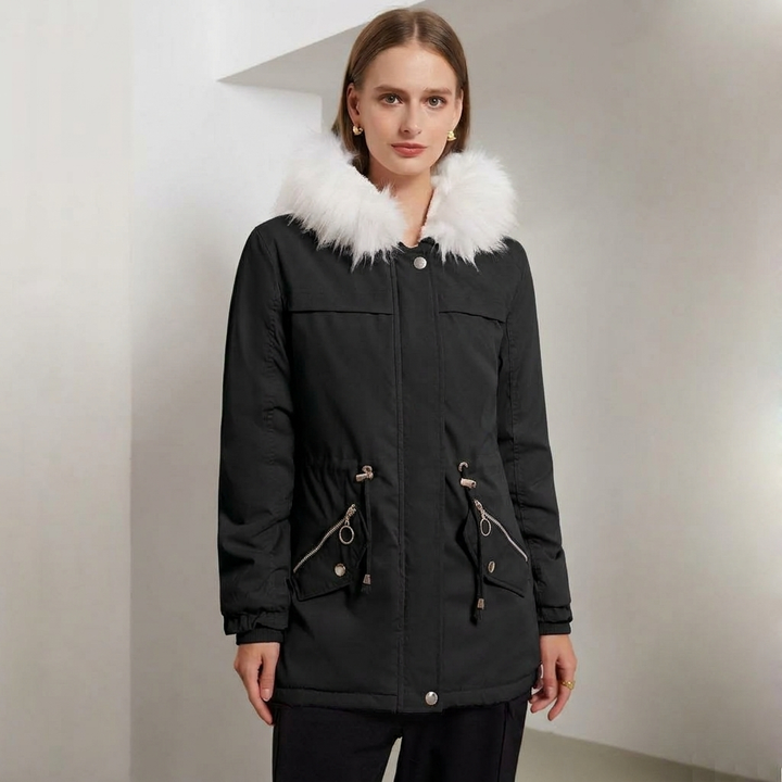 Parka Femme Neige | Capuche Bordée Cordon de Serrage Raffinée in Noir#couleur_noir