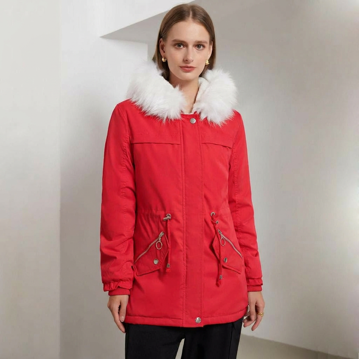Parka Femme Neige | Capuche Bordée Cordon de Serrage Raffinée in Rouge#couleur_rouge