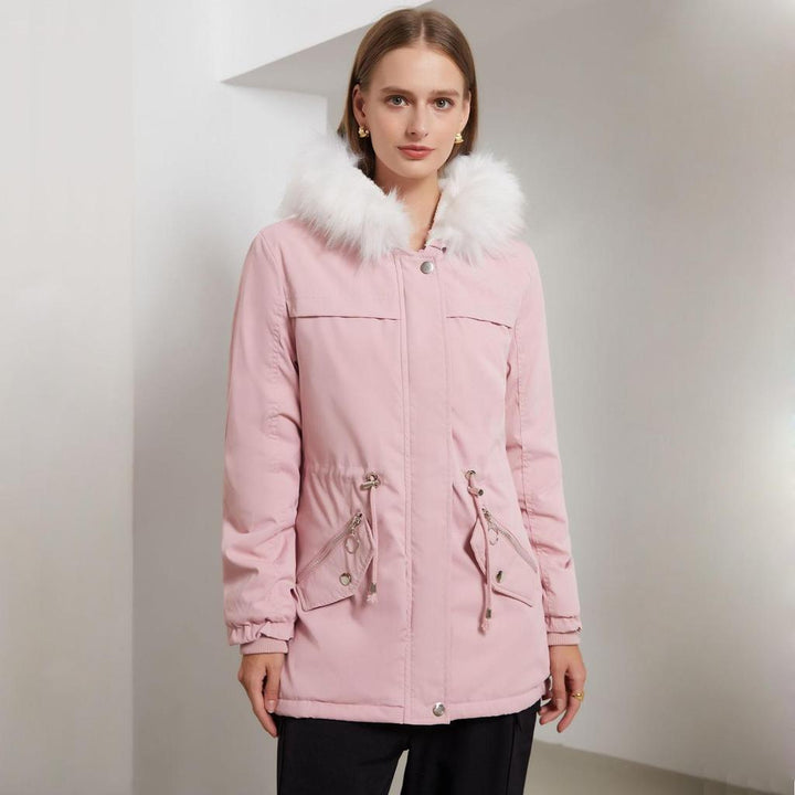 Parka Femme Neige | Capuche Bordée Cordon de Serrage Raffinée in Rose#couleur_rose