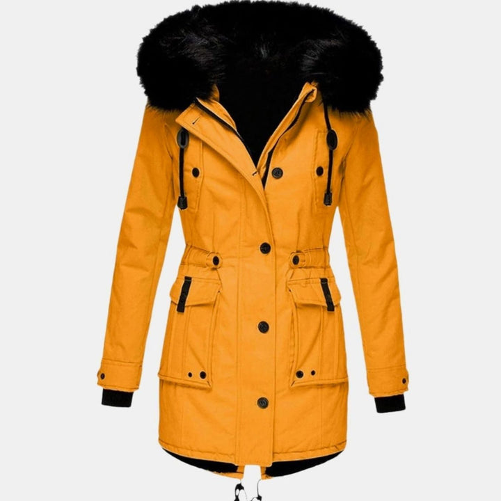 Parka Fourrée Femme à Capuche | Fausse Fourrure Amovible et Taille Coulissée in Doré#couleur_dor