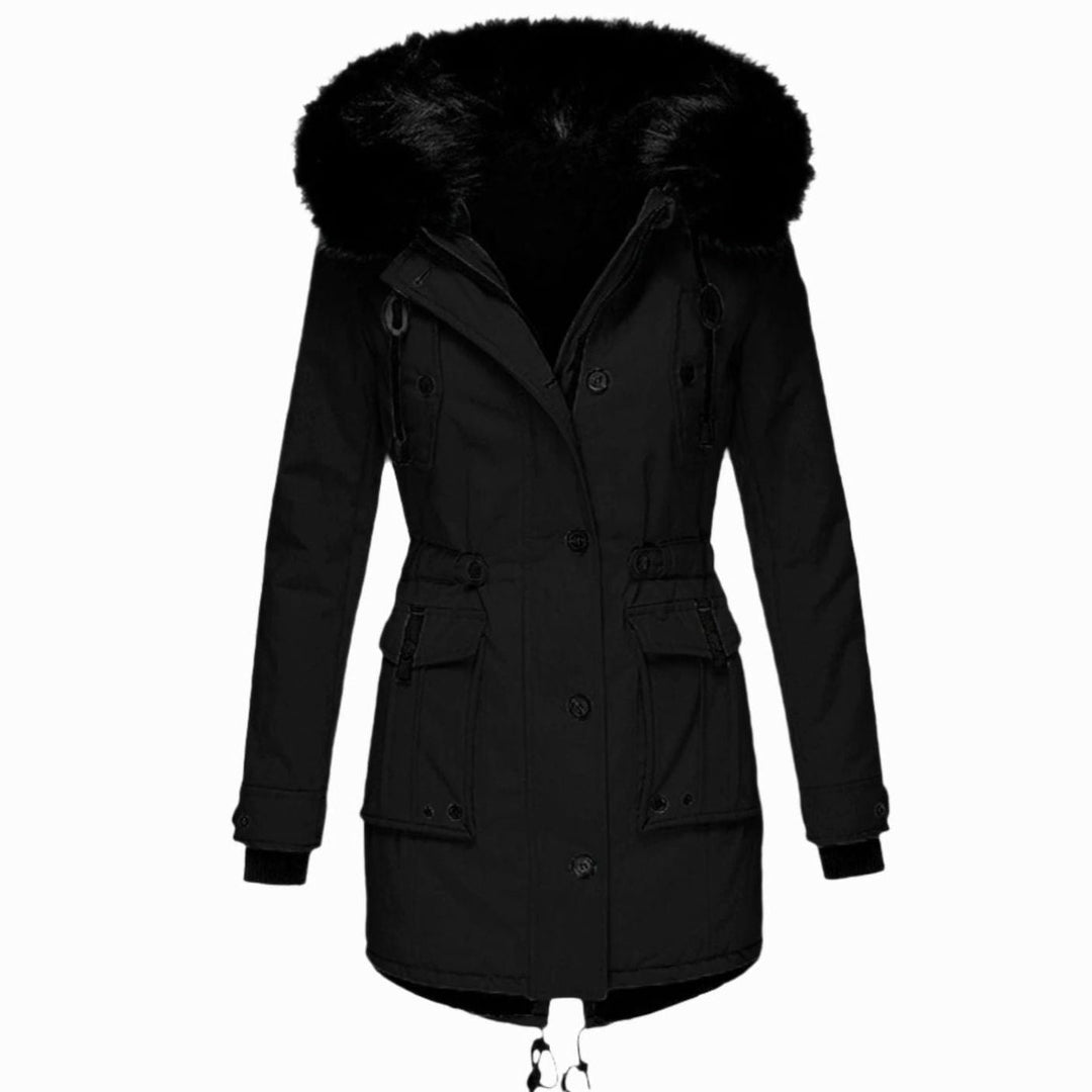 Parka Fourrée Femme à Capuche | Fausse Fourrure Amovible et Taille Coulissée in Noir#couleur_noir