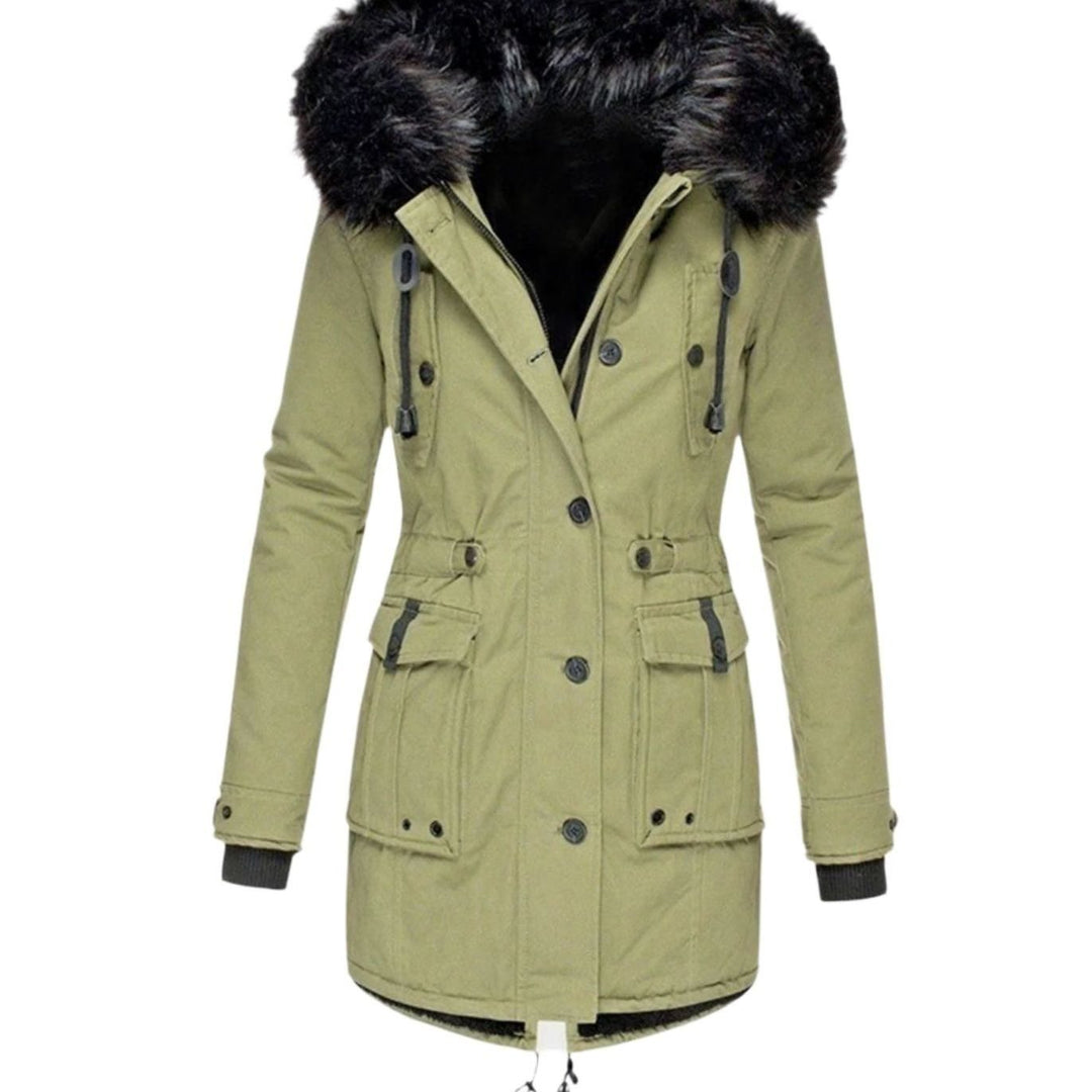 Parka Fourrée Femme à Capuche | Fausse Fourrure Amovible et Taille Coulissée in Vert#couleur_vert