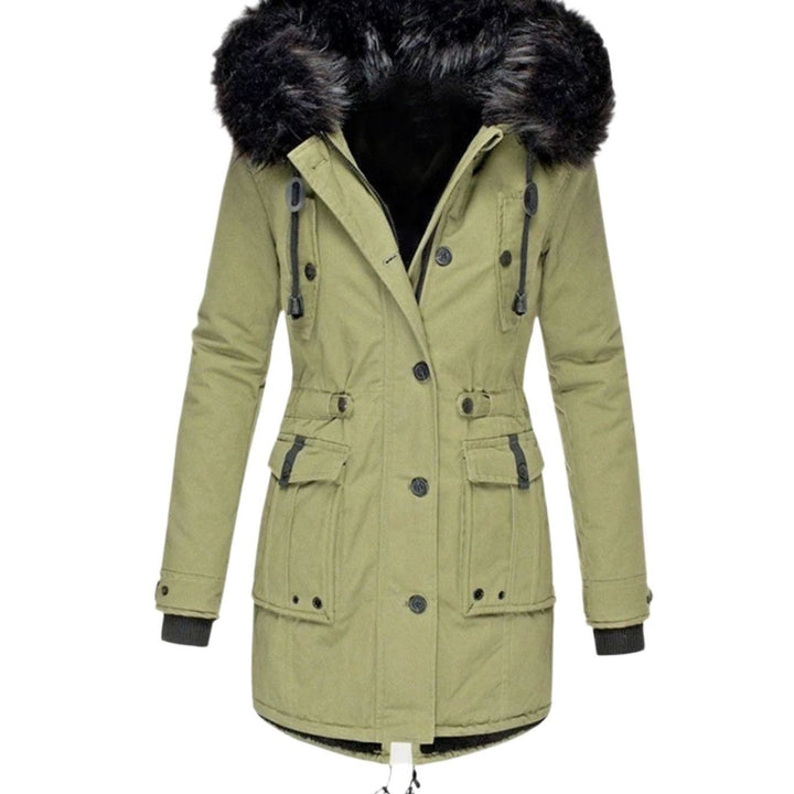 Parka Fourrée Femme à Capuche | Fausse Fourrure Amovible et Taille Coulissée in Vert#couleur_vert