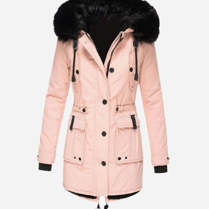 Parka Fourrée Femme à Capuche | Fausse Fourrure Amovible et Taille Coulissée in Rose#couleur_rose