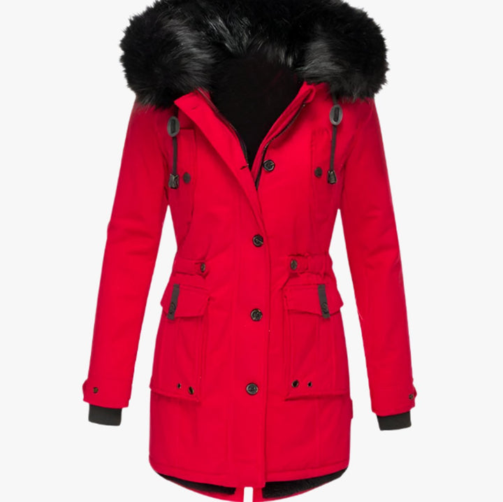 Parka Fourrée Femme à Capuche | Fausse Fourrure Amovible et Taille Coulissée in Rouge#couleur_rouge