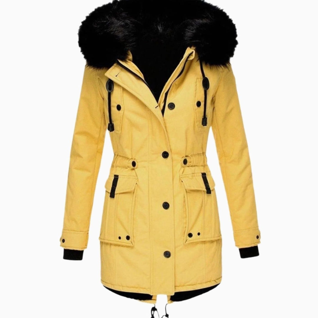 Parka Fourrée Femme à Capuche | Fausse Fourrure Amovible et Taille Coulissée in Jaune#couleur_jaune
