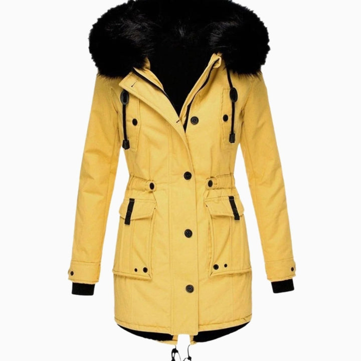 Parka Fourrée Femme à Capuche | Fausse Fourrure Amovible et Taille Coulissée in Jaune#couleur_jaune