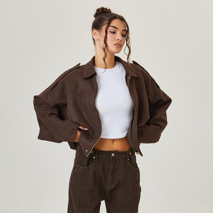 Bomber Femme Vintage Aspect Daim | Coupe Oversize et Trois Tons in Marron#couleur_marron